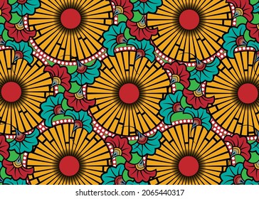 African Wax Print fabric, Ethnic handmade ornament for your design, Afro Ethnic flowers and tribal motifs geometric elements. Vector colorful texture, Africa textile Ankara fashion style background