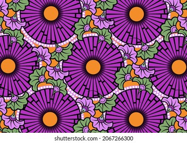 African Wax Print fabric, Ethnic handmade ornament for your design, Afro Ethnic flowers and tribal motifs geometric elements. Vector colorful texture, Africa textile Ankara fashion style background