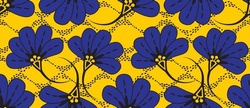 African Wax Print Pattern. Seamless Beautiful Kitenge, Chitenge, Dutch Wax, And Angara Style. Fashion Design In Colorful. Blue Botanical Flower On Yellow Background. African Wax Print Fabric.