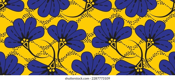 African wax print pattern. seamless beautiful Kitenge, chitenge, dutch wax, and Angara style. fashion design in colorful. blue botanical flower on yellow background. African Wax Print Fabric.