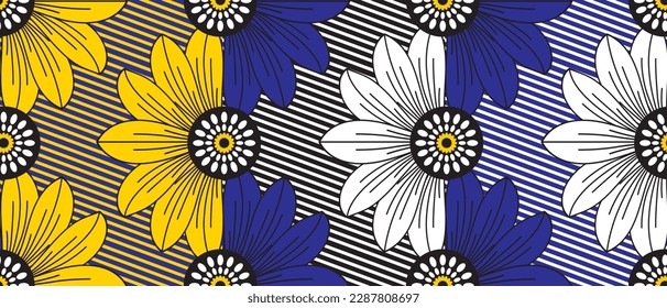 African wax print pattern. seamless beautiful Kitenge, chitenge, dutch wax, and Angara style. fashion design in colorful. yellow, blue, and white botanical flowers. African Wax Print Fabric.