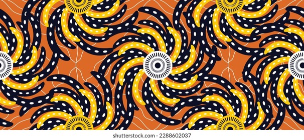 African wax print pattern. seamless beautiful Kitenge, chitenge, dutch wax style. fashion design in colorful. botanical. African Wax Print Fabric yellow background.