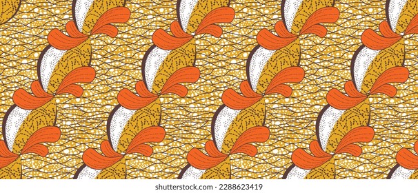 African wax print pattern. seamless beautiful Kitenge, chitenge, dutch wax, and Angara style. fashion design in colorful. abstract curvy wave orange background. African Wax Print