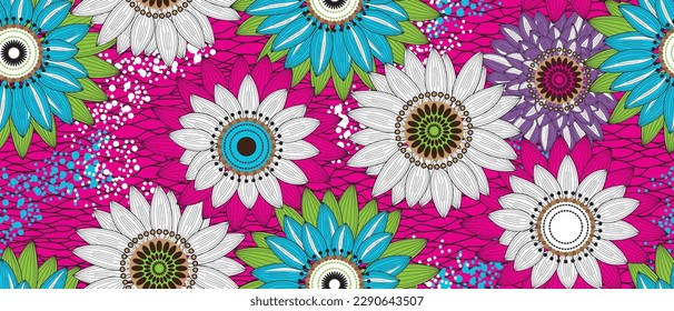 African wax print pattern. seamless beautiful Kitenge, chitenge, dutch wax, and Angara style. fashion design in colorful. floral botanical flower on pink background. African Wax Print Fabric.