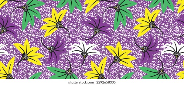 African wax print pattern. seamless beautiful floral Kitenge, chitenge, dutch wax, and Angara style. fashion design in colorful. botanical flower on purple background. African Wax Print Fabric.