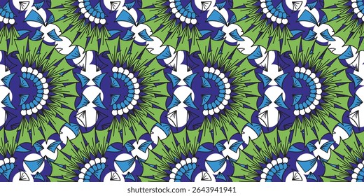 Patrón de impresión de cera africana. hermosa Kitenge, chitenge, cera holandesa y estilo Angara. diseño de moda en colores. flor botánica verde sobre fondo azul. Tela africana de la impresión de la cera.