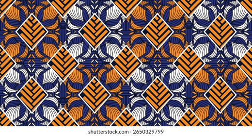  African wax prints. African ethnic traditional blue, orange pattern. seamless beautiful Kitenge, chitenge, dutch wax style. fashion design in rhombus. Leaf abstract motif. Leaf Ankara prints,