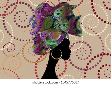 African wedding hairstyle Head wrap, colorful head scarf, beautiful portrait Woman in Traditional Head tie Scarf Turban. Isolated on Afro Ethnic print batik background 