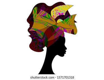 African wedding hairstyle Head wrap, colorful head scarf, beautiful portrait Afro Woman in Traditional Head tie Scarf Turban. African clothing Kente, Shenbolen Ankara head wraps fabric design isolated