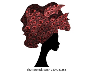 African wedding hairstyle Head wrap, colorful head scarf, beautiful portrait Afro Woman in Traditional Head tie Scarf Turban in peacock texture. Jungle afro safari tropical pattern. Vector isolated 