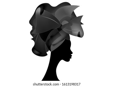 African wedding hairstyle Head wrap, black head scarf of satin, beautiful portrait Afro Woman in Traditional Head tie Scarf Turban. Vector isolated on white background 