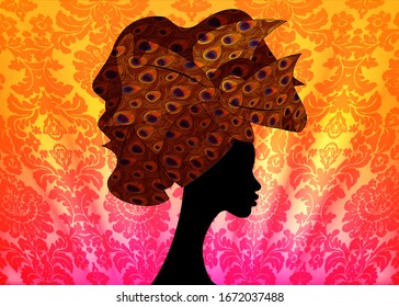 African wedding hairstyle Head wrap, colorful head scarf, beautiful portrait Afro Woman in Traditional Head tie Scarf Turban in peacock texture. Jungle afro safari tropical pattern. Vector isolated 