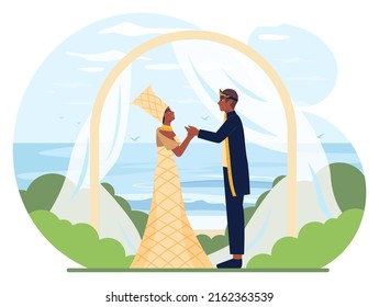 African wedding traditional ceremony. Black bride and groom in bright ethnic dress performing marriage rituals and habits. Flat vector illustration