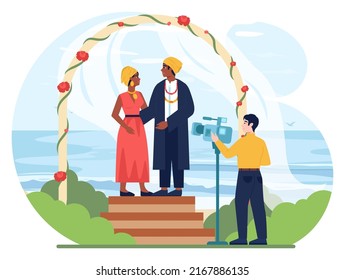 African wedding traditional ceremony. Black bride and groom in bright ethnic dress performing marriage rituals and habits. Flat vector illustration
