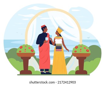 African wedding traditional ceremony. bride and groom in bright ethnic dress performing marriage rituals and habits. Flat vector illustration