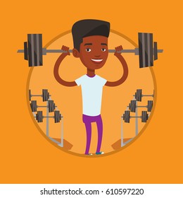 African weightlifter holding a barbell. Sporty man lifting a heavy weight barbell. Strong sportsman doing exercise with barbell. Vector flat design illustration in the circle isolated on background.