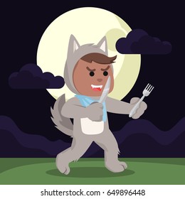 african werewolf hungry holding knife and fork