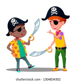 African And White Kids Play Pirates And Fighting With Sabers In Pirate Caps Vector. Isolated Illustration