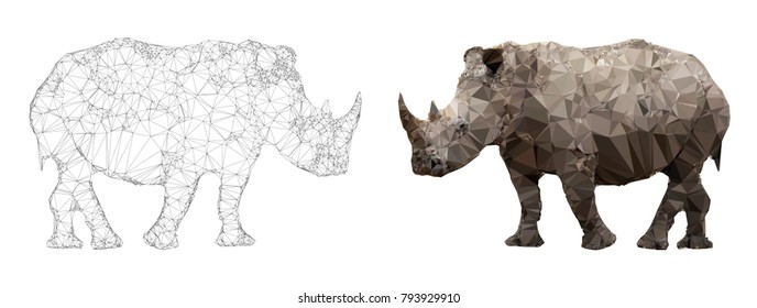 African white rhinoceros, triangulation style banner in natural skin tones and black and white wireframe view. EPS10 vector format.