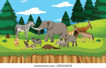 African wild animals in forest, animals vector illustrations, animals character