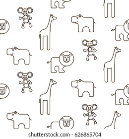 African wild animals kid seamless pattern vector. Giraffe, lion, monkey and hippo line style on white background.