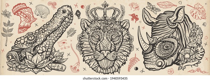 African wild animals portrait. Royal lion, evil crocodile and romantic rhino. Zoo art. Safari in Africa. Traditional retro tattooing style. Old school tattoo vector collection