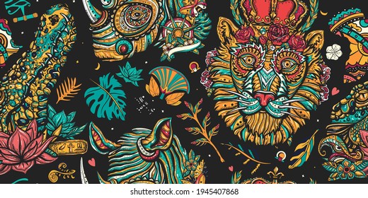 African wild animals portrait. Royal lion, evil crocodile and romantic rhino. Safari in Africa. Seamless pattern. Old school tattoo vector background. Zoo background. Traditional tattooing style 