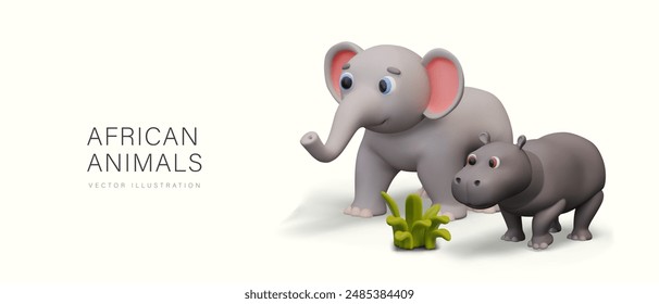 African wild animals. Realistic elephant and hippo walking on grass