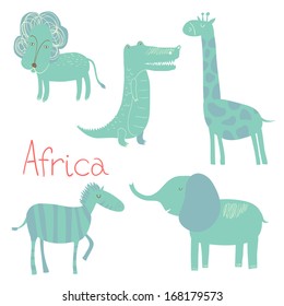 African wild animals set. Elephant, giraffe, lion, zebra, crocodile. Collection of cartoon isolated characters