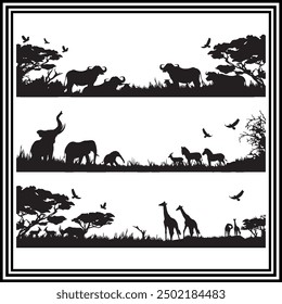 African wild animals silhouette set, safari landscape silhouette.