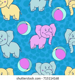 African wild animals.Cute seamless pattern with  funny cartoon baby elephant  on a blue background. Circus Vector illustration for children.Print for fabric,textile,paper. Grey,pink,yellow.