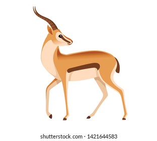 African wild black-tailed gazelle with long horns head looks back cartoon animal design flat vector illustration on white background side view antelope