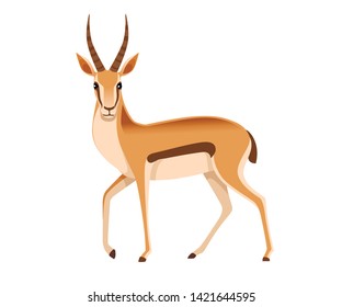 African wild black-tailed gazelle with long horns cartoon animal design flat vector illustration on white background side view antelope