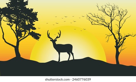 African wild deer in sundown. Vector