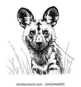 African Wild Dog in Grass Ink Sketch. African Wild Dog – Lycaon pictus. African wild dog sitting calmly among tall grasses with focused gaze. Wildlife concept
