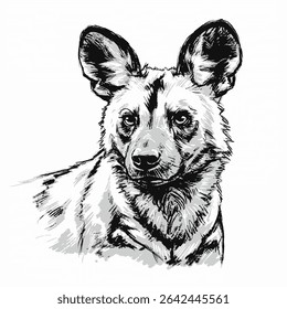 African Wild Dog – Lycaon pictus. African Wild Dog Sketch Portrait. Detailed african wild dog staring forward with focused expression drawing. Wildlife concept.  
