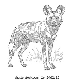 African Wild Dog – Lycaon pictus. An intricately drawn wild dog featuring detailed patterns across its body. The dog stands on a grassy terrain, highlighting its natural habitat and artistic design.