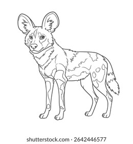 African Wild Dog – Lycaon pictus.Black-and-white outlined illustration of an African wild dog standing with a relaxed but alert posture. The clear line work makes it suitable for coloring pages