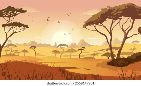 African Wild life background Vector, sun rising, Vector background, morning Cartoon African sanctuary landscape illustration