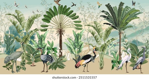 African Wild Life Mural Design for wall Painting, Tropical Wall Mural, Tropical Plam trees, Birds, Vintage waal Murals.