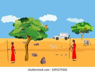 African Wild Nature And Masai Mara People Vector Concept Illustration, Wild Animals In Savannah, African Landscape Vector