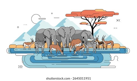 Elefantes de aventura da vida selvagem africana Zebras Antelopes por Waterhole na savana africana