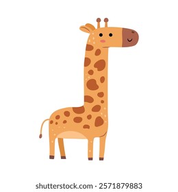 African wildlife animal with long neck and spotted coat fur. Vector cute giraffe standing and smiling. Isolated cartoon character from reserve or zoo park. Toy for children, biodiversity of Africa