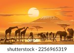 African Wildlife, the animals gathered at the water hole, vector illustration isolated, EPS