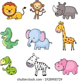 Vector Cartoon Illustration Seven Baby Animals Stock Vector (Royalty ...