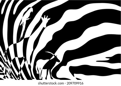 African wildlife background - zebra hide with antelope, giraffe and parrot silhouettes - black and white vector design