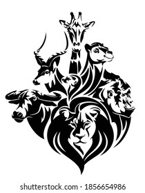 african wildlife black and white vector concept portrait - lion, antelope, buffalo, giraffe, camel and gorilla head outlines