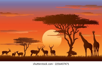 African Wildlife with Deers, Impalas and Giraffes, vector illustration isolated, eps