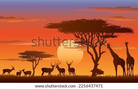 African Wildlife with Deers, Impalas and Giraffes, vector illustration isolated, eps