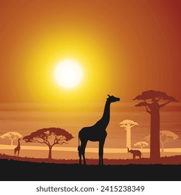 Ilustración de la fauna africana. Atardecer en África con la silueta de elefante, jirafa y baobab